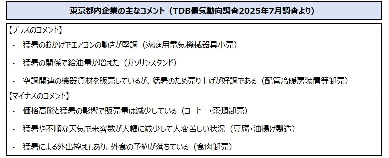 東京都内企業の主なコメント（TDB景気動向調査2025年7月調査より）
