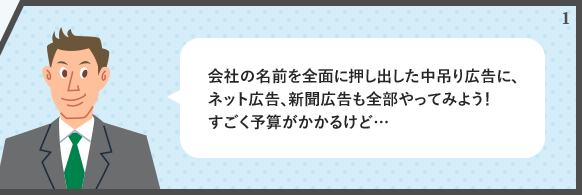 会社の名前を全面に押し出した中吊り広告に、ネット広告、新聞広告も全部やってみよう!すごく予算がかかるけど…